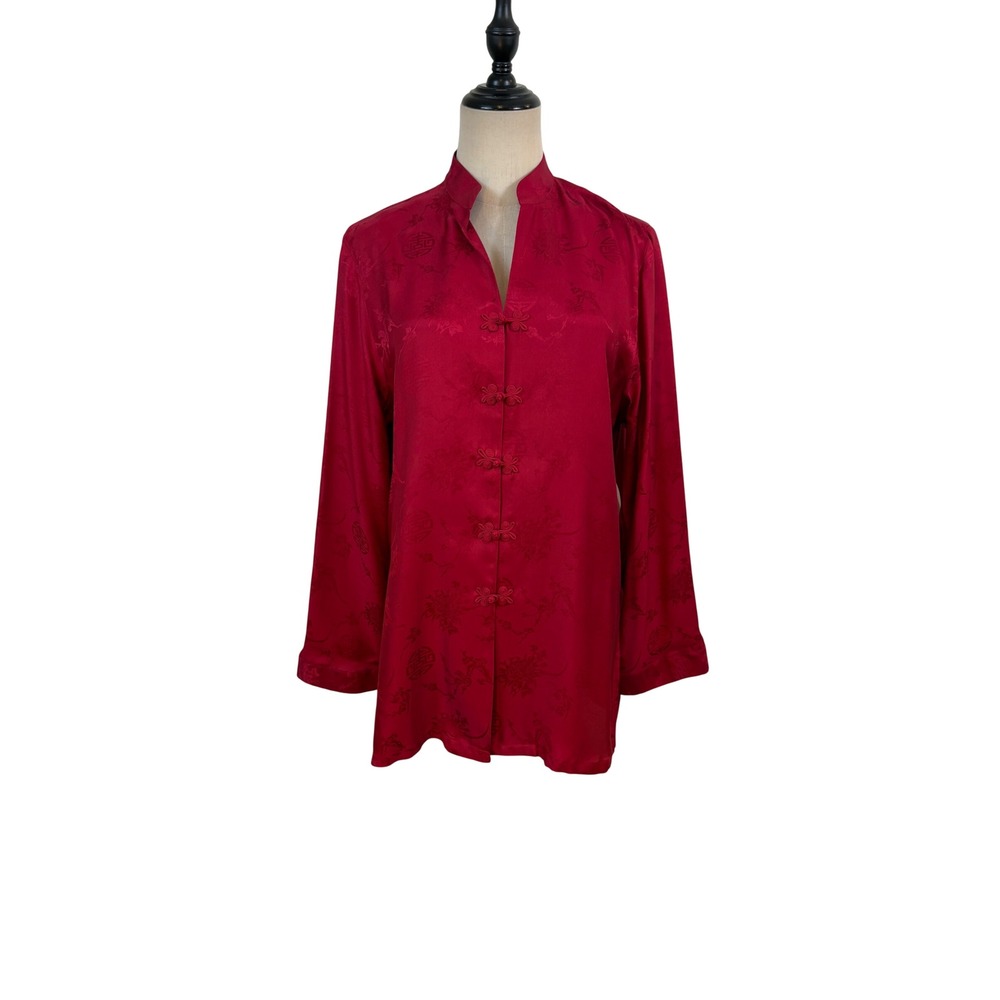 nwt Valerie Stevens Silk Pajama tunic Top sz S Red Frog Button Mandarin Collar‎